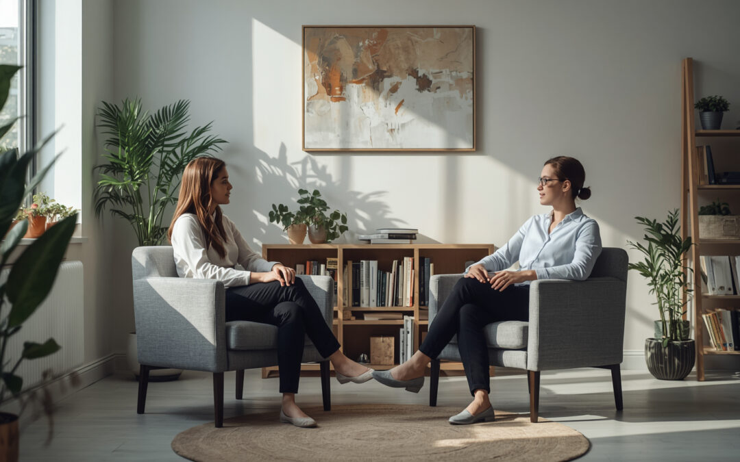 Dwie kobiety w gavinecie psychoterapeutycznym. Pomieszczenie ma ciepły wygląd, na ścianie wisi obraz, w pokoju jest jasno.