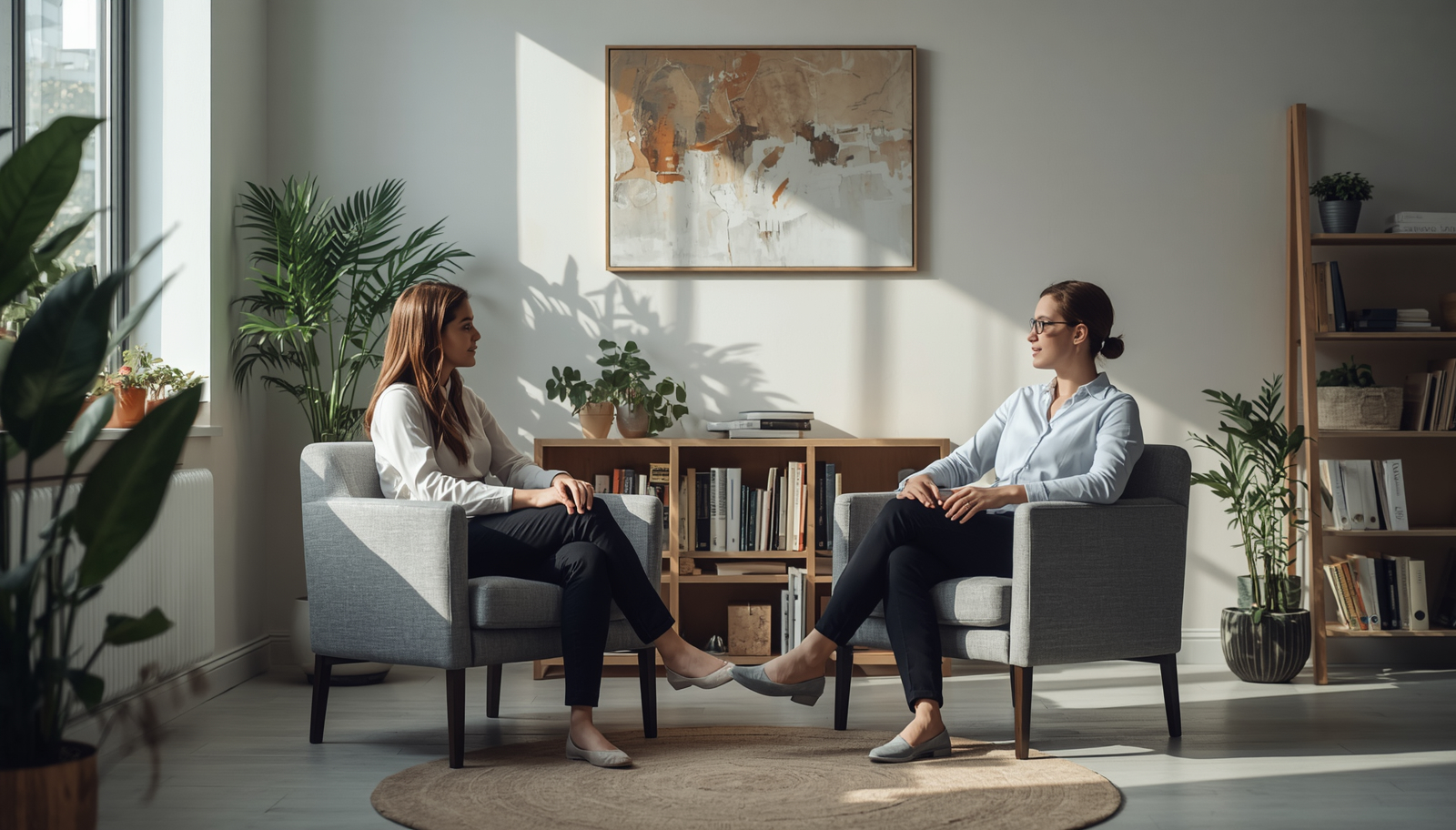psychoterapia-kobiety Dwie kobiety w gavinecie psychoterapeutycznym. Pomieszczenie ma ciepły wygląd, na ścianie wisi obraz, w pokoju jest jasno.